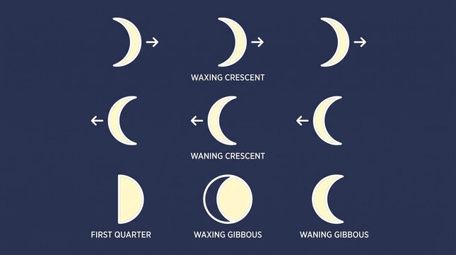 Moon phases infographic set, waxing and waning crescent moon icons, lunar cycle diagrams on dark blue background