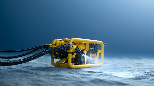 Unmanned remotely operated underwater vehicle exploring deep ocean floor, professional submarine robot equipped with powerful LED light beam