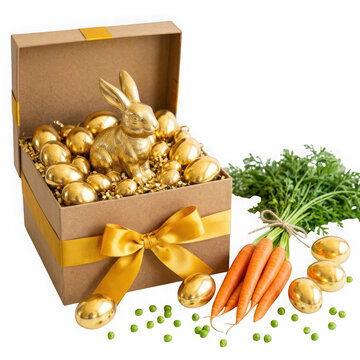 Golden easter bunny and eggs in a gift box with fresh carrots and peas isolated on transparent background