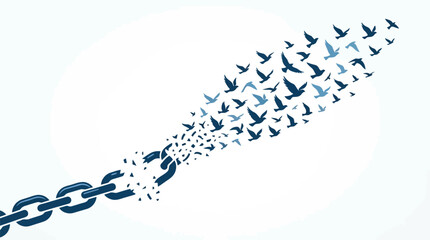 Fototapeta premium Broken metal chain links transforming into a flock of flying birds symbolizing freedom and breaking free from constraints