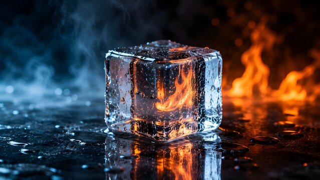 Single ice cube with fire reflection and blue smoke on a dark reflective background
