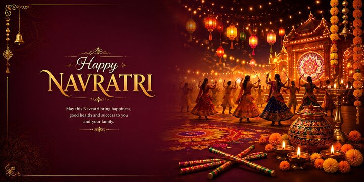 Happy navratri festive banner with people dancing garba under colorful hanging lanterns