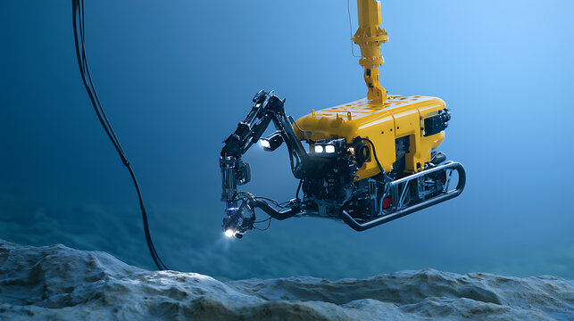 Subsea robotic vehicle explore deep ocean floor with mechanical arm and bright LED lights, industrial underwater exploration machine tool