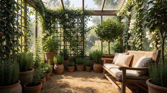Sunlit indoor greenhouse room with a glass ceiling, climbing plants, terracotta pots, and a wooden bench, modern eco-home interior