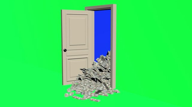 Door opening with stacks of united states dollar bills flowing out representing wealth and opportunity