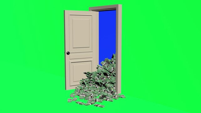 Door opening with stacks of australian dollar bills flowing out representing wealth and opportunity