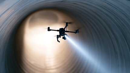 Fototapeta premium Industrial drone fly inside a long dark pipe and shine light forward for inspection process check infrastructure structural integrity project