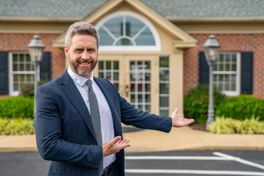 Real estate agent sell property. Realtor in suburb neighborhood. Man purchasing house for investment purpose. Property insurance services. Ownership advertisement. American settlement agent