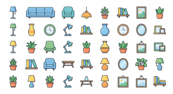Collection of Home Interior Design Elements and Furniture Icons.