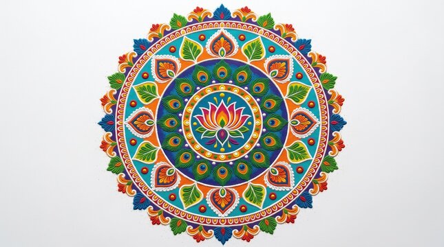rangoli diwali kolam mandala indian festival art traditional colorful lotus pattern design floor decoration hindu celebration culture powder sand peacock on transparent background