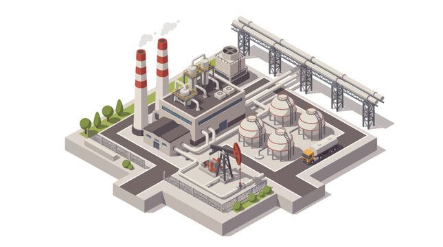 Isometric Industrial Complex with Oil Rig and Power Plant.
