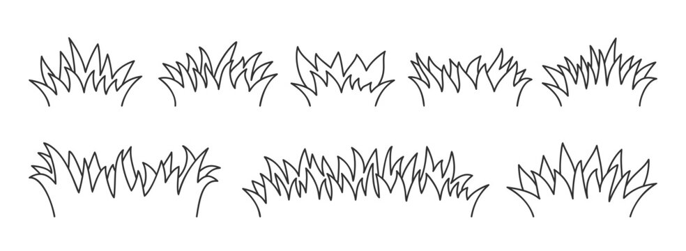 Hand Drawn Grass Outline Set with Different Shapes and Heights. Lawn, Meadow and Ground Border Elements Collection for Nature Design, Landscape Kids Projects and Creative Use. Vector Illustration