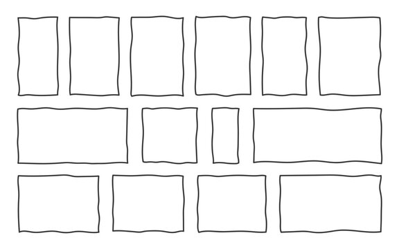 Thin Line Frames with Irregular Wave Edge and Wavy Rough Edges. Organic Rectangle and Square wave Borders, Linear Frame Shapes. Minimal Thin Outline. Simple Empty Space Border for Text Box Wireframe