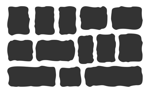 Frame Rectangle Blot Speech Bubble Set. Wavy Organic Rounded Free Hand Wiggle Scallop Edge Black Solid Blocks. Abstract Playful Smooth Zigzag Form Irregular Fluid Blob Shapes. Vector Illustration