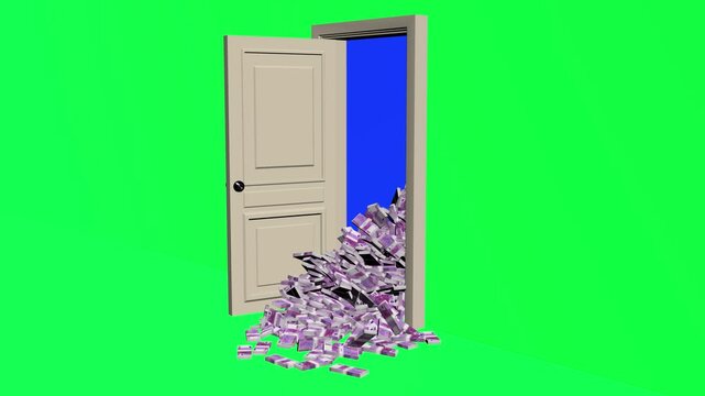 Door opening with stacks of euro banknotes flowing out representing wealth and opportunity