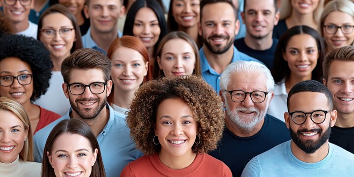 Large diverse group of people smiling together