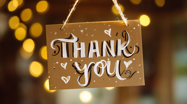 Greeting card saying "Thank You" with decorative lettering and bokeh  