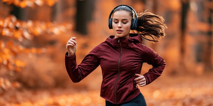 Active lifestyle female running through colorful foliage