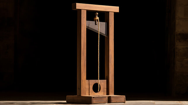 A detailed close-up shot of a historic wooden guillotine device with a metal blade and rope, set against a dark moody indoor background