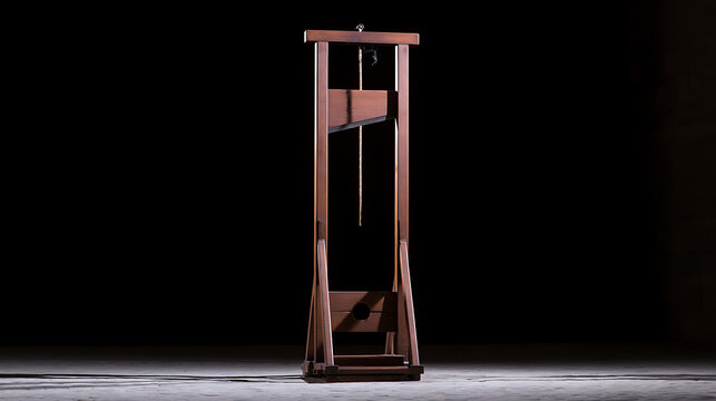 Vintage wooden guillotine isolated on a dark background, representing historical execution, capital punishment, and justice theme concepts