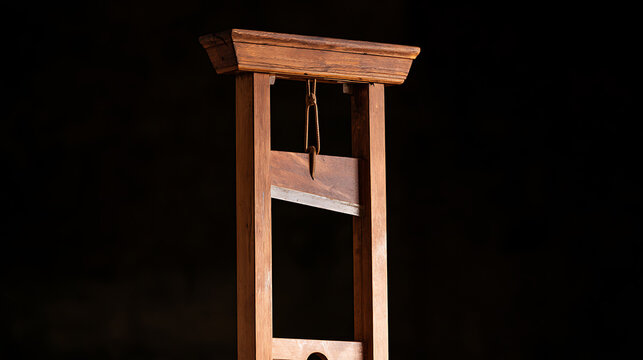Vintage wooden guillotine with steel blade isolated on dark background, antique execution device representing historical justice and capital punishment