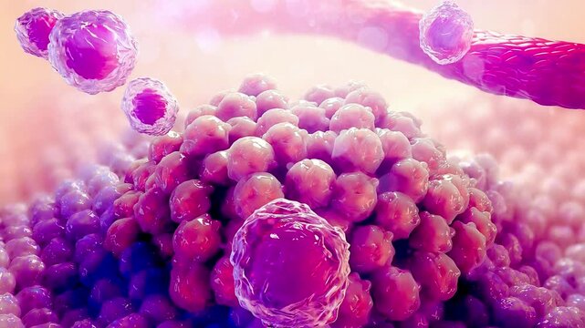 Microscopic view of pink cancer cell tumor growing with surrounding cells and floating microorganisms biology medical science