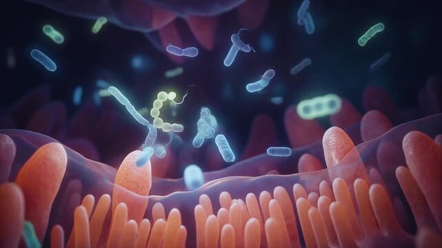 Microscopic view of diverse bacteria and microorganisms moving through human intestinal villi microorganism intestine biology