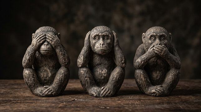 Three wise monkeys figurine showing see no evil hear no evil and speak no evil gestures