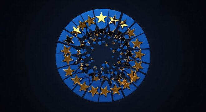 A blue fabric surface featuring a ring of golden stars is shown cracking and falling apart into small fragments against a dark background, gap, pattern, failure