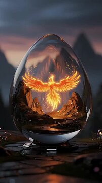 Transparent Glass Teardrop with Glowing Phoenix Landscape