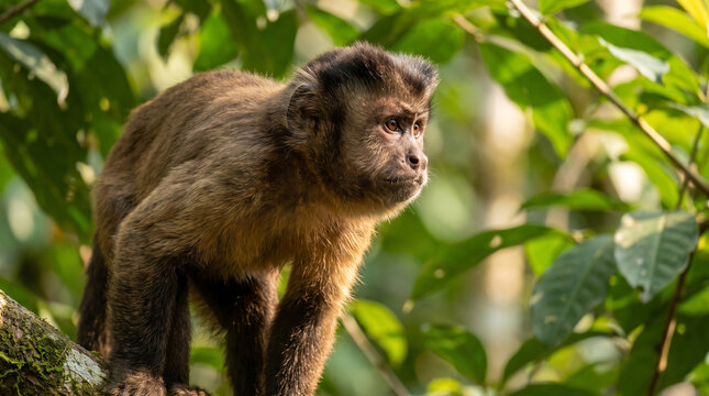 Small capuchin monkey sitting on a tree branch in the middle of a lush green tropical rainforest