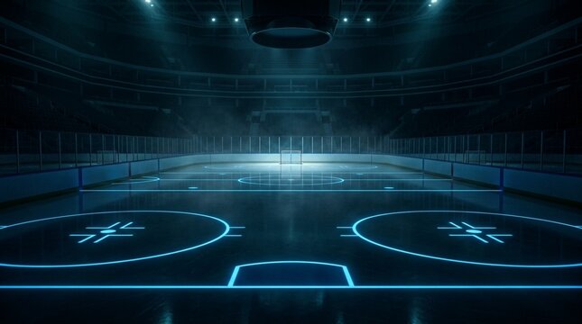 ce hockey goal on ice of hockey stadium at night.
