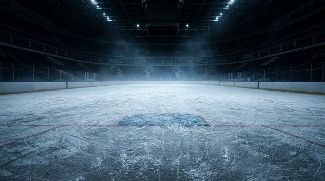 Empty ice hockey rink illuminated by bright stadium lights