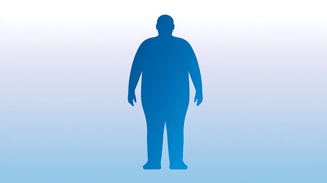 Blue vector silhouette of an overweight man representing obesity and health issues on a soft gradient background for medical design and concepts