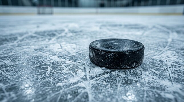 Black hockey puck on a scratched ice rink surface