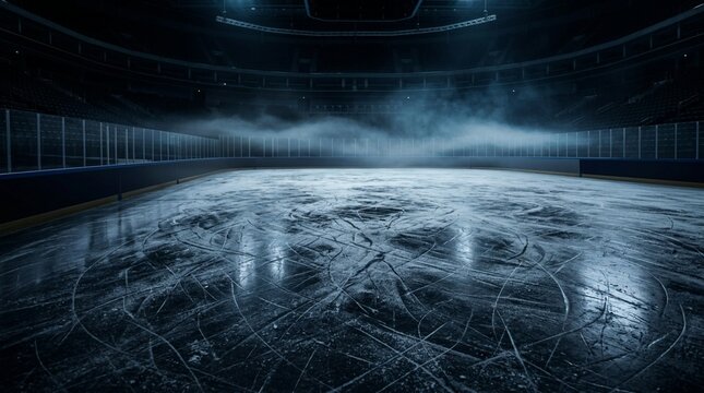 Empty ice hockey rink with skate marks and mist