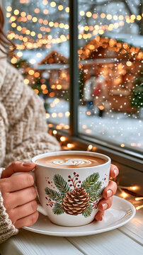 female hands in a warm sweater holding a cup of drink, near the window, Christmas