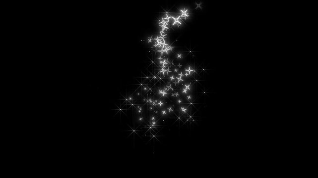 Magic light stars line effect, 2d glitter stars line animation, twinkling white glowing star with sparkling animation, sparkle path white twinkling, clean fantasy transition effect black screen. 4k