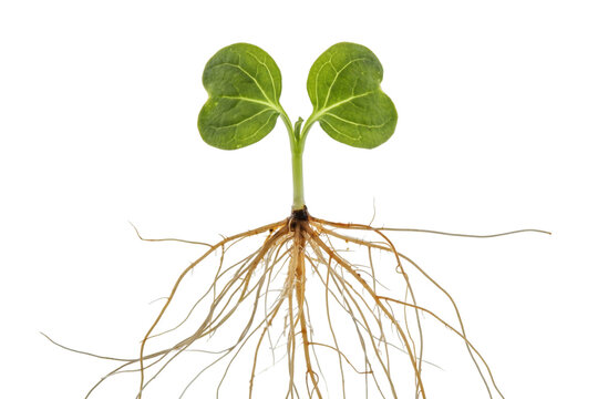 Small green radish seedling with visible root system and two cotyledon leaves on a white background, isolated on a, transparent background