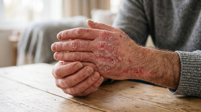 Man with sick hands, dry flaky skin on his hand with vulgar psoriasis, eczema and other skin diseases such as fungus, plaque, rash and blemishes. Autoimmune genetic disease
