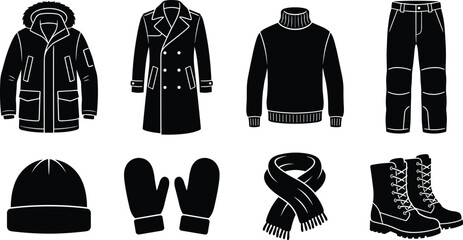 Vector collection of winter clothing black silhouettes featuring coat, jacket, sweater, boots, and accessories isolated on white © RitaRani