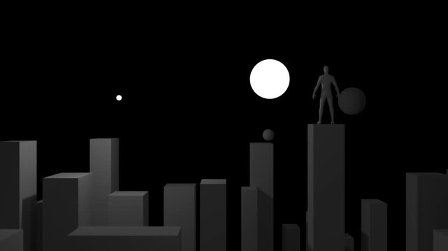 Humanoid silhouette standing on a high pedestal with glowing orbs circling in a loop