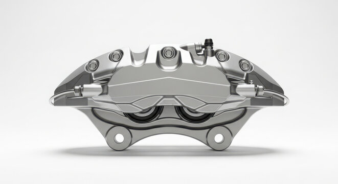 Metallic silver brake caliper isolated on white background showcasing precision engineering for high performance automotive braking systems in modern vehicles
