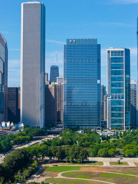 Aerial shot of Skyscrapers and office buildings in the skyline in Chicago Illinois USA