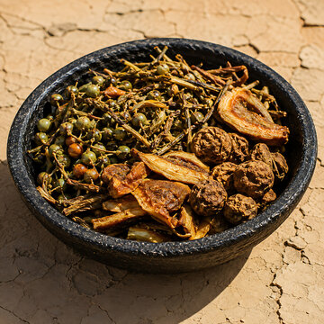 Traditional five-ingredient desert panchkuta featuring ker, sangri, kumatiya, gunda and dried mango, macro-oriented composition in black stone bowl
