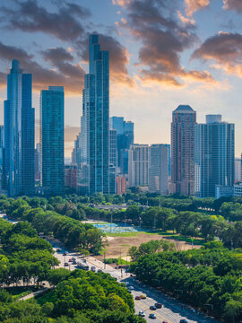 Aerial shot of Skyscrapers and office buildings in the skyline in Chicago Illinois USA