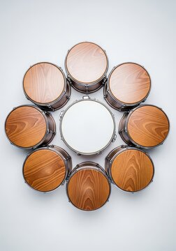 Eight classic brown wooden drums are meticulously positioned in a perfect circle surrounding a single matching drum in the center point, circular, leather, object