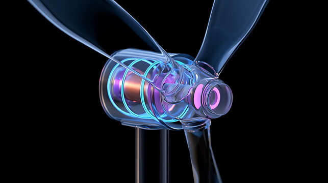 Transparent wind turbine model showing internal generator mechanism and glowing energy flow for renewable power concepts and clean tech design