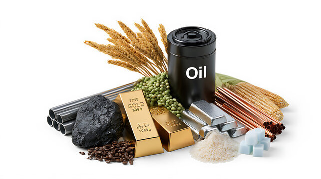 Global commodities market concept with gold bars, crude oil barrel, raw coal, metal pipes, wheat, corn, sugar, and coffee beans