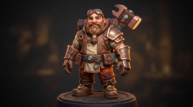 3D fantasy dwarf warrior character with warhammer and plate armor rendered in game-ready style representing medieval RPG character design